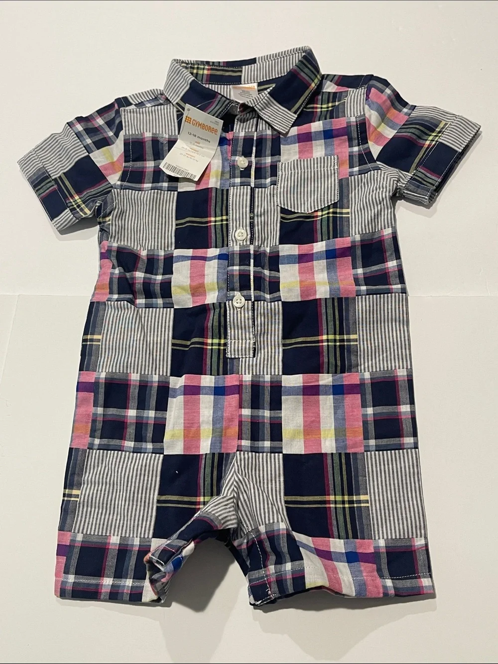 Gymboree NWT 12-18m baby navy Plaid Shortall Pink Yellow multi Accents pocket